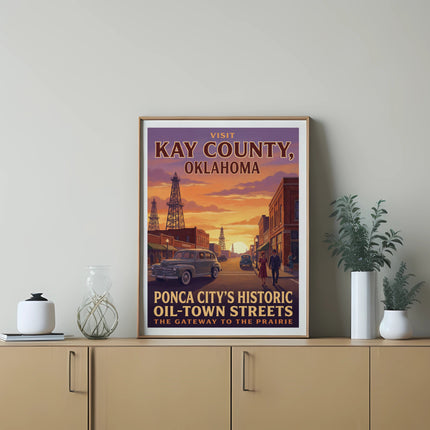 Vintage poster featuring Kay County, Oklahoma, oil rigs, and historic streets.