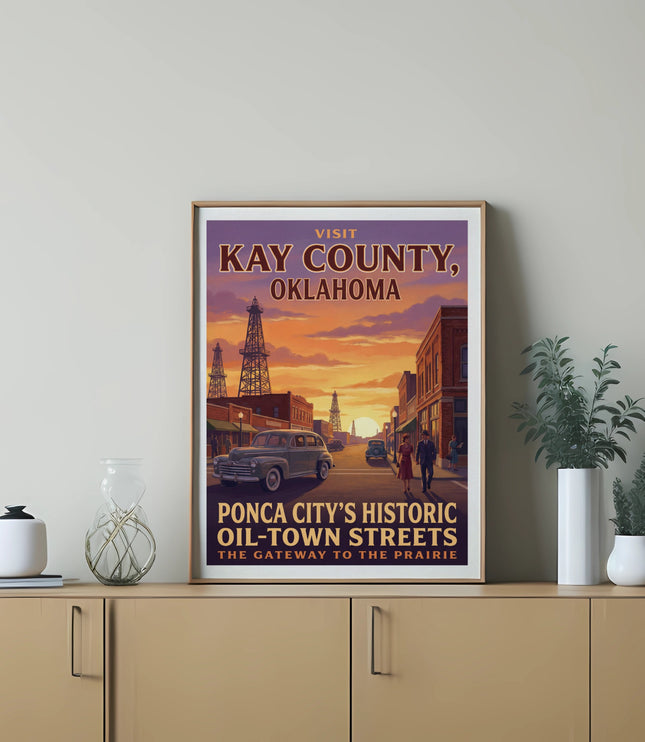 Vintage poster featuring Kay County, Oklahoma, oil rigs, and historic streets.