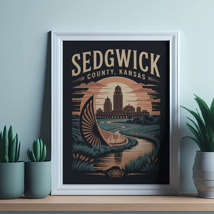 Sedgwick County, Kansas illustration with cityscape and a river.