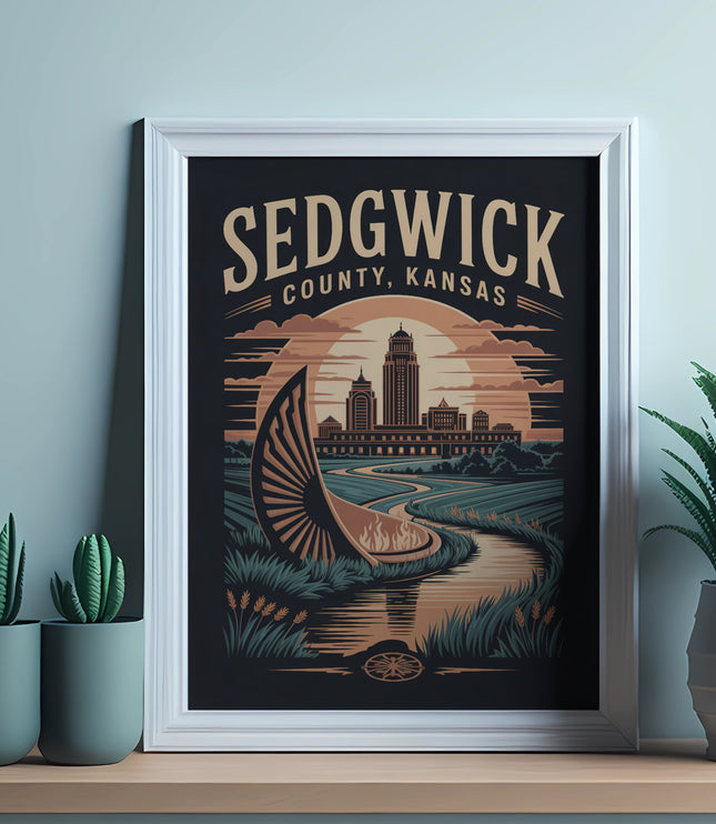 Sedgwick County, Kansas illustration with cityscape and a river.