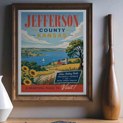 Jefferson County, Kansas vintage travel poster with lakes, fields, and text.
