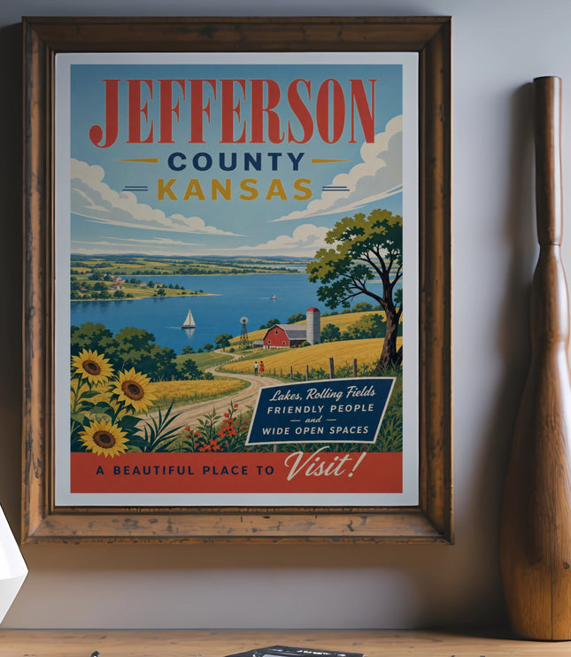 Jefferson County, Kansas vintage travel poster with lakes, fields, and text.
