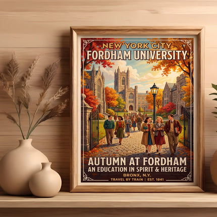 Fordham University campus scene in autumn, with text "Autumn at Fordham".