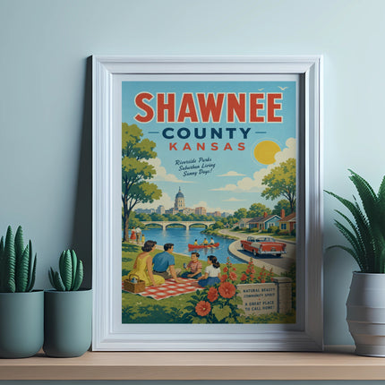 Shawnee County, Kansas vintage travel poster with people picnicking near a river.