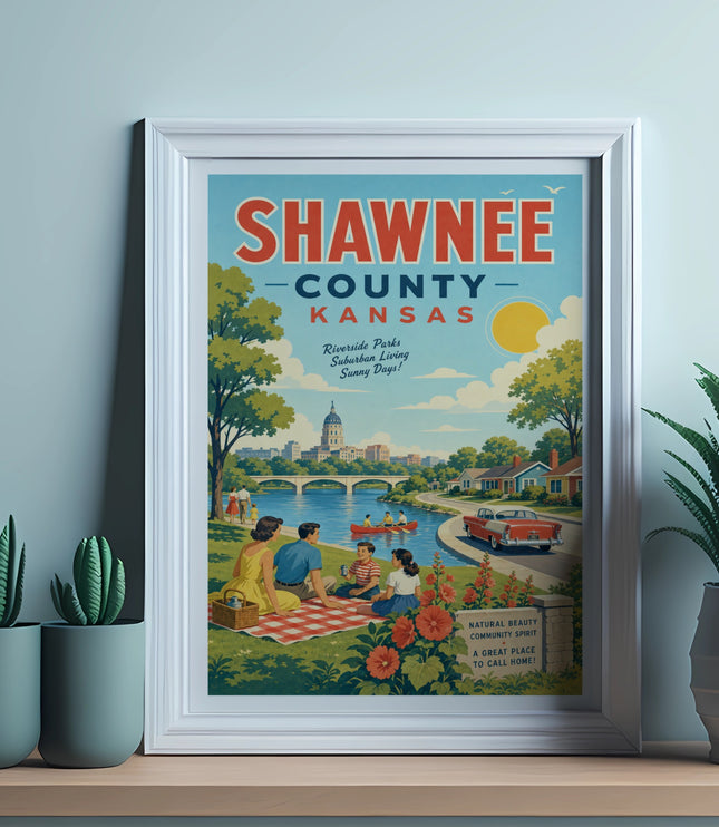 Shawnee County, Kansas vintage travel poster with people picnicking near a river.