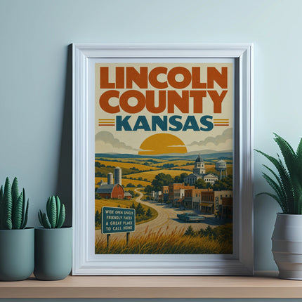 Lincoln County Kansas vintage poster with town scene and text.