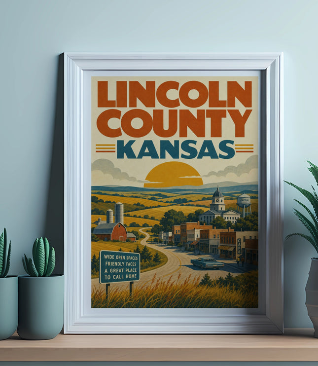 Lincoln County Kansas vintage poster with town scene and text.