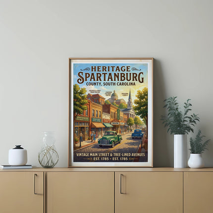 Heritage Spartanburg County South Carolina vintage main street illustration with buildings and cars.