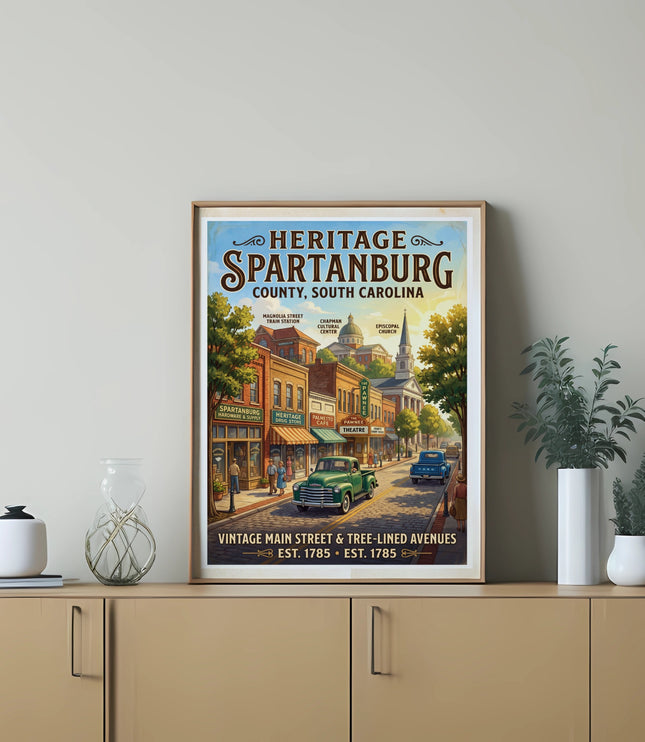 Heritage Spartanburg County South Carolina vintage main street illustration with buildings and cars.