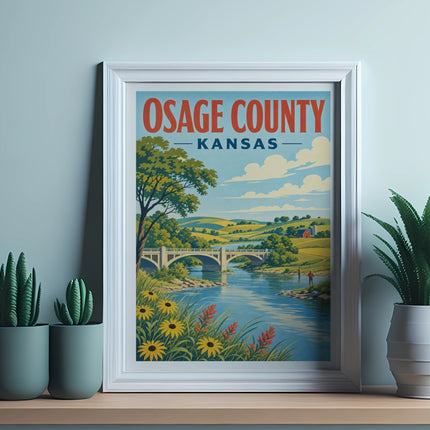 Framed print of Osage County, Kansas, featuring a river, bridge, and rolling hills.