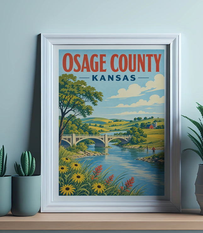Framed print of Osage County, Kansas, featuring a river, bridge, and rolling hills.