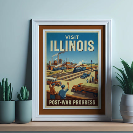 Vintage "Visit Illinois: Post-War Progress" travel poster with trains and trucks.