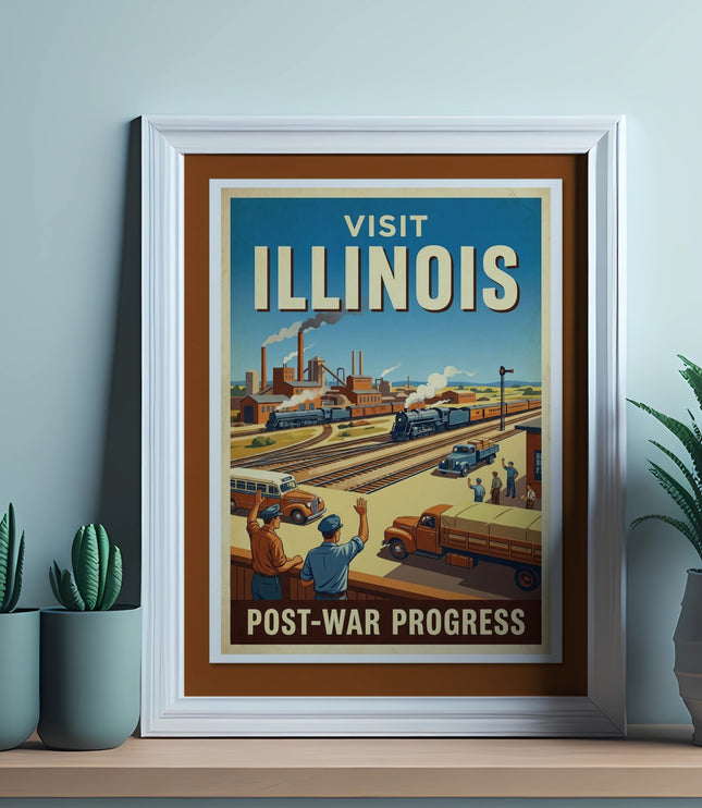 Vintage "Visit Illinois: Post-War Progress" travel poster with trains and trucks.