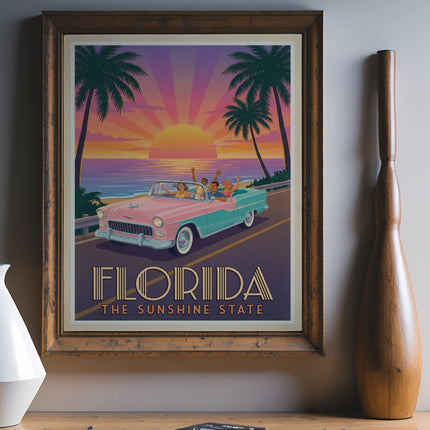 Retro poster of people in a convertible driving down a coastal highway in Florida.