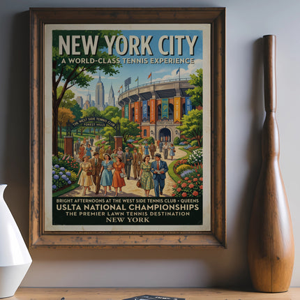 New York City tennis poster with West Side Tennis Club and Forest Hills landmarks.