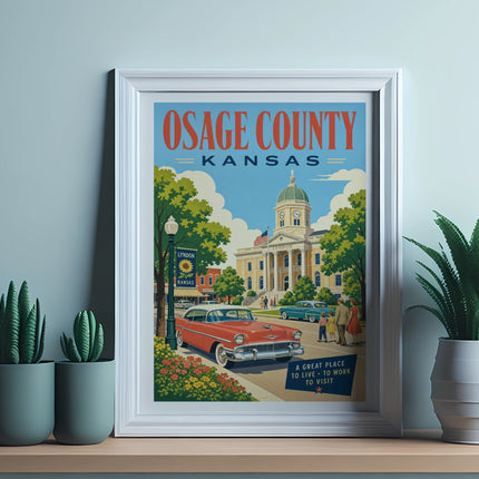 Vintage poster of Osage County Courthouse, Lyndon, Kansas, with retro car.