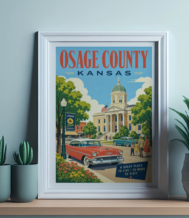 Vintage poster of Osage County Courthouse, Lyndon, Kansas, with retro car.