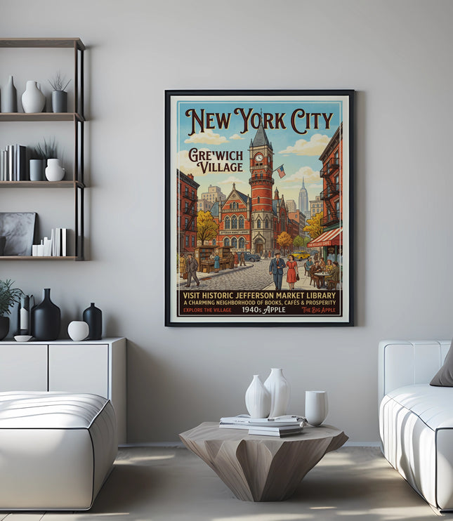New York City Greenwich Village poster showing Jefferson Market Library and street scene.
