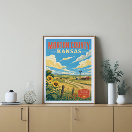 Morton County Kansas vintage travel poster with sunflowers, windmill, and farm landscape.