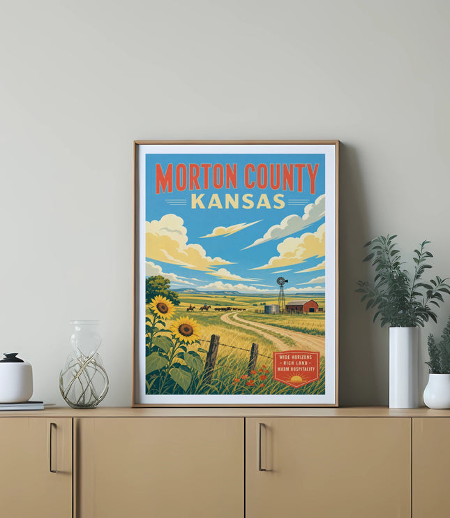 Morton County Kansas vintage travel poster with sunflowers, windmill, and farm landscape.
