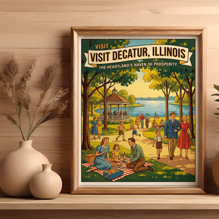 Vintage "Visit Decatur, Illinois" poster with families picnicking and enjoying a park.
