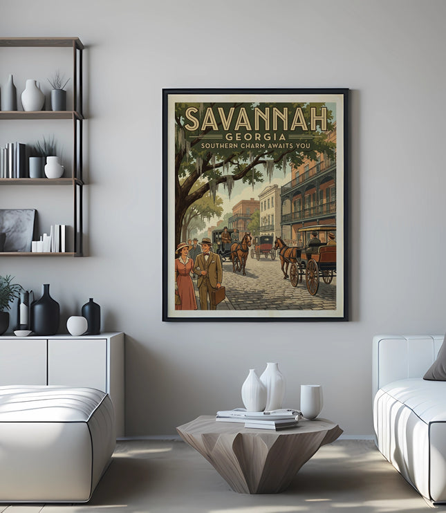 Savannah Georgia vintage travel poster with couple walking with horse-drawn carriages.