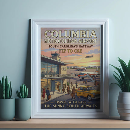 Vintage poster for Columbia Metropolitan Airport, South Carolina, with airplanes and a taxi.