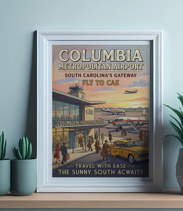 Vintage poster for Columbia Metropolitan Airport, South Carolina, with airplanes and a taxi.