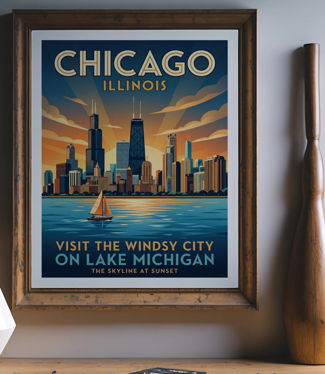 Chicago Illinois skyline and sailboat with text "Visit the Windsy City on Lake Michigan".