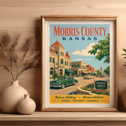 Vintage poster of Morris County, Kansas, featuring Council Grove's historic Main Street.
