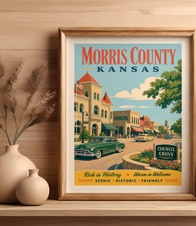 Vintage poster of Morris County, Kansas, featuring Council Grove's historic Main Street.
