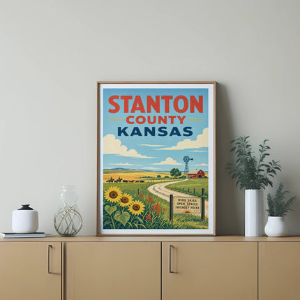 Stanton County Kansas vintage travel poster with sunflowers and windmill.