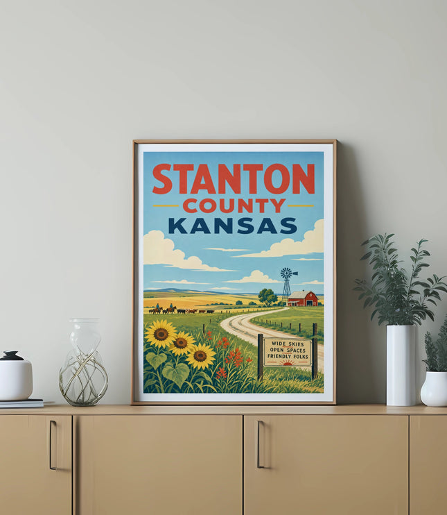 Stanton County Kansas vintage travel poster with sunflowers and windmill.