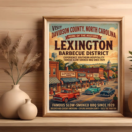 Vintage Lexington Barbecue District poster featuring historic buildings and cars.