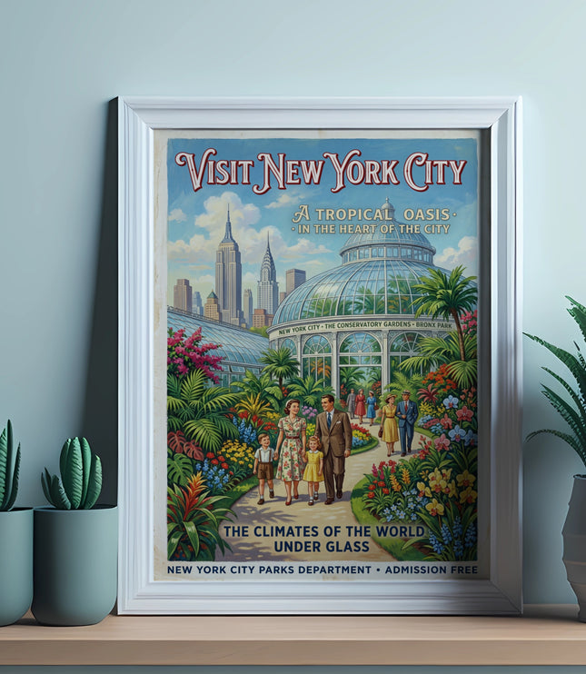 Vintage poster of New York Conservatory Gardens, a family explores tropical plants.