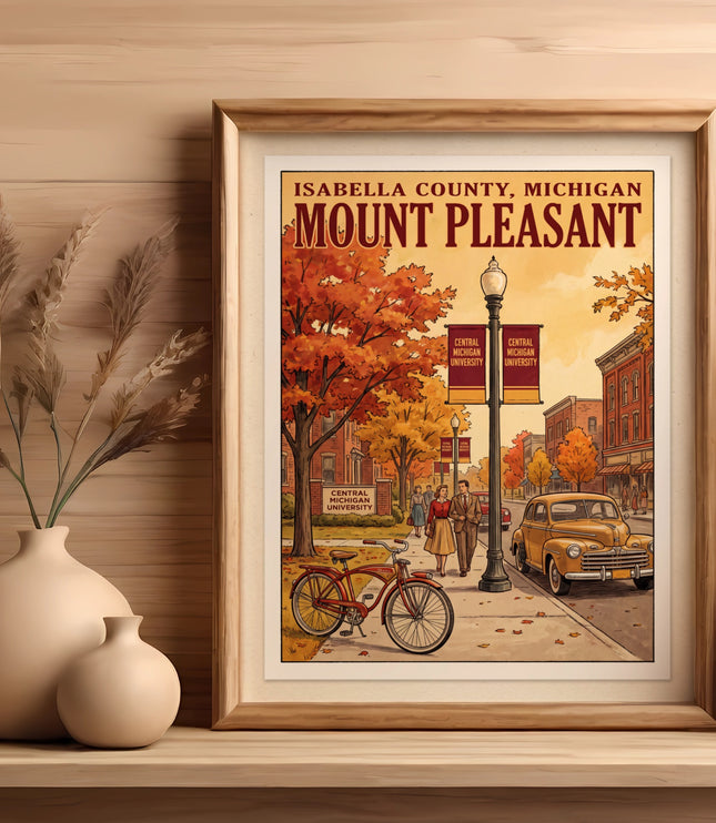 Vintage poster of Mount Pleasant, Michigan, with Central Michigan University banners.