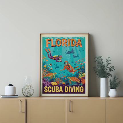 Vintage Florida scuba diving poster with divers, sea turtles, and manta rays.