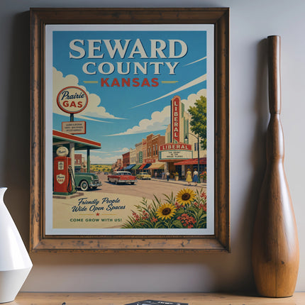 Poster for Seward County, Kansas, featuring "Prairie Gas" and "Liberal" with vintage cars.