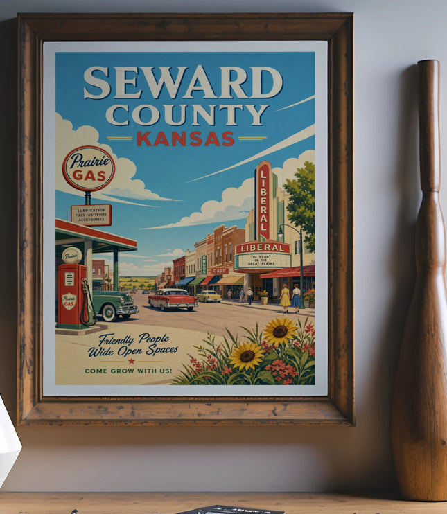 Poster for Seward County, Kansas, featuring "Prairie Gas" and "Liberal" with vintage cars.