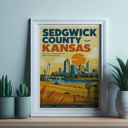 Sedgwick County Kansas art print with city skyline, windmill, and text.