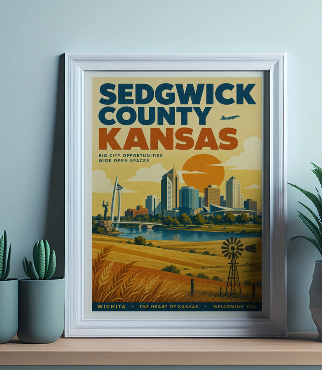Sedgwick County Kansas art print with city skyline, windmill, and text.
