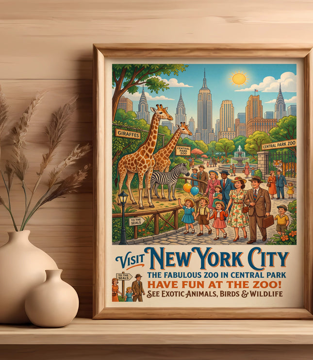 Vintage Central Park Zoo poster featuring giraffes, zebras, families, and city skyline.