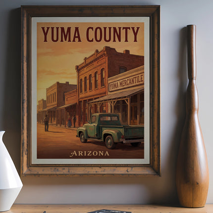 Poster depicting a vintage green Ford truck in front of Yuma Mercantile.