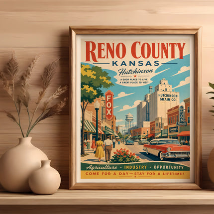 Vintage Reno County Kansas travel poster with Hutchinson buildings and text.