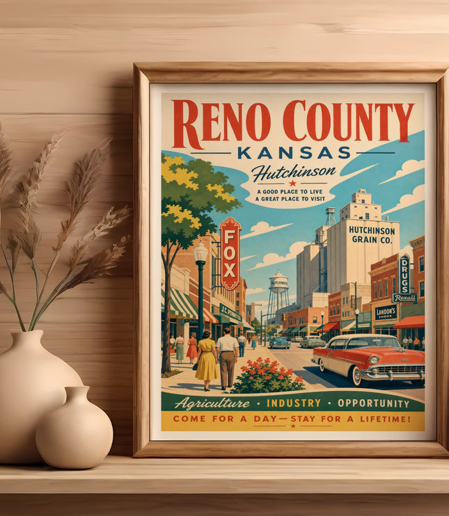 Vintage Reno County Kansas travel poster with Hutchinson buildings and text.