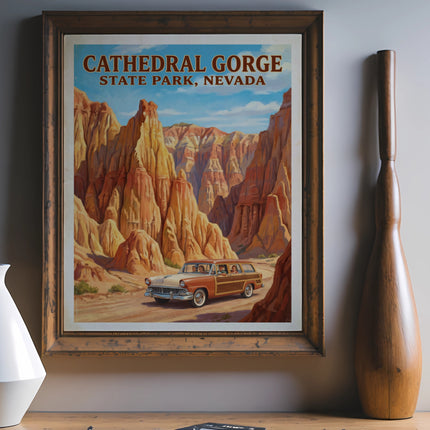 Poster of Cathedral Gorge State Park, Nevada with vintage station wagon and canyon landscape.
