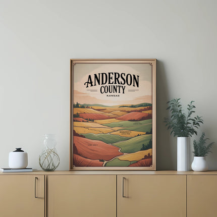 Framed Anderson County, Kansas landscape art with rolling hills.