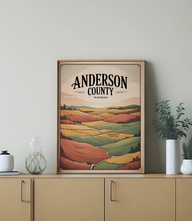 Framed Anderson County, Kansas landscape art with rolling hills.