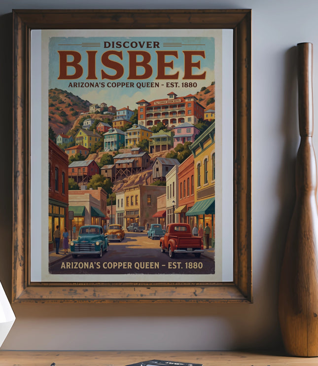 Vintage travel poster for Bisbee, Arizona, showing colorful buildings on a hillside and street scene.