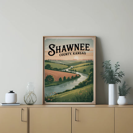 Shawnee County, Kansas vintage landscape illustration in a framed poster.